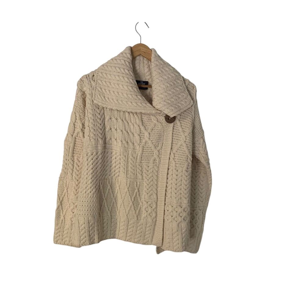 Aran Woollen Mills Womens Cream Merino Wool Chunky Knit Cardigan Sweater L Boho